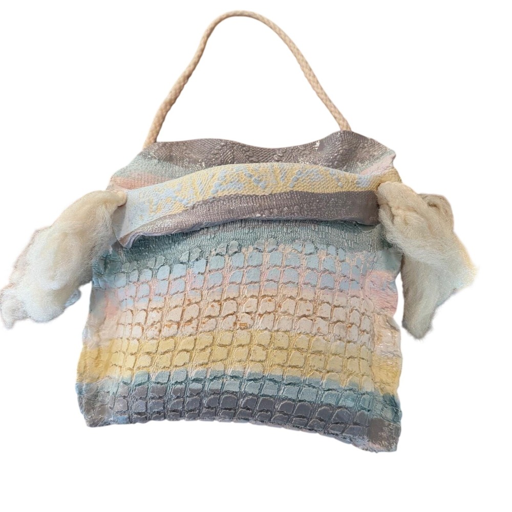 Handmade Mixed Media Fiber Art Wall Hanging Pastel Wool Textured Boho 9 1/2" x 9